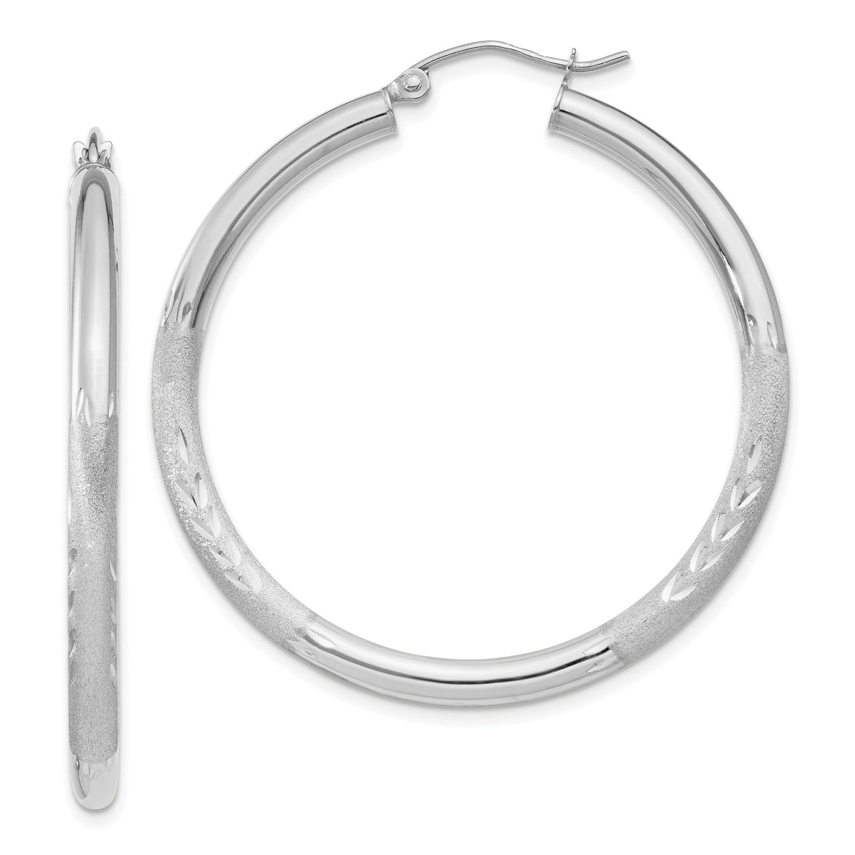 10k White Gold Hoop Earrings with Polished Texture and Leaf Engraving for Women