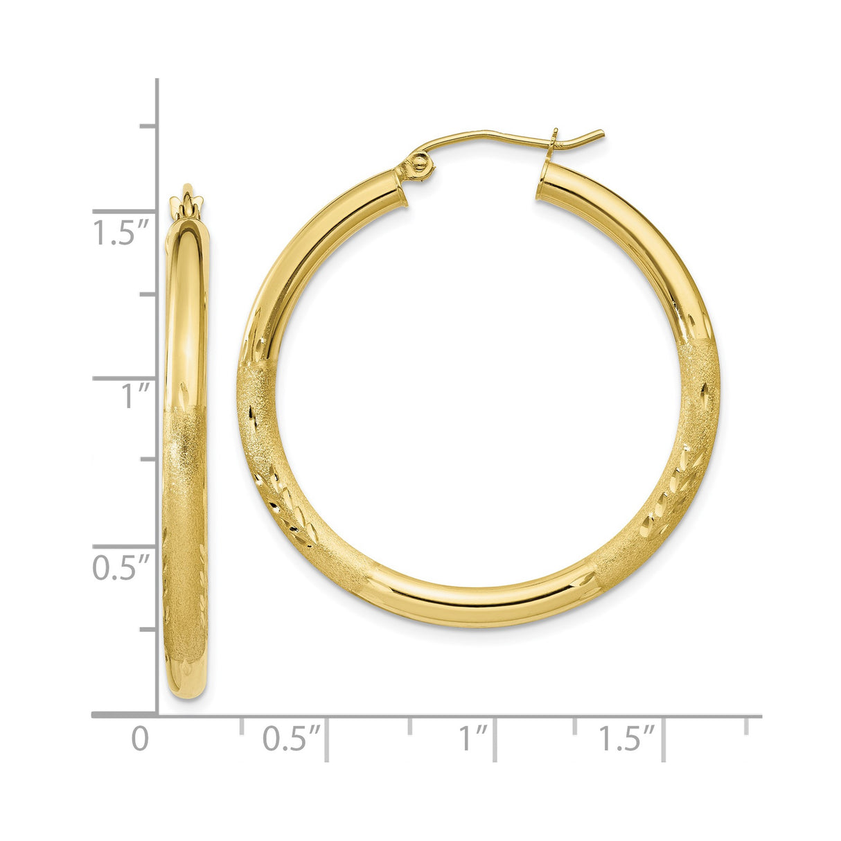 10k Yellow Gold Hoop Earrings, Classic Round with Polished Textured Finish, Lightweight Design