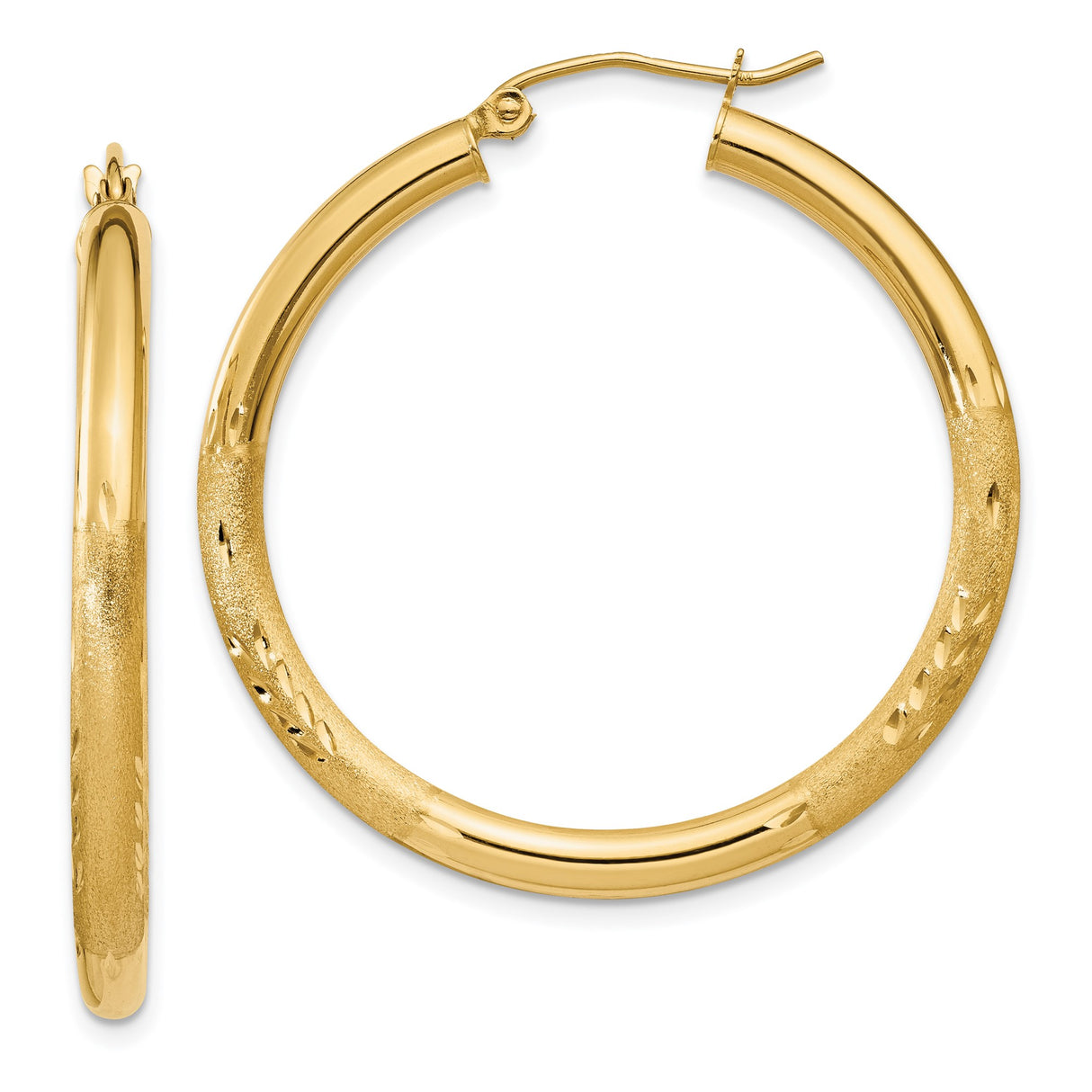 10k Yellow Gold Hoop Earrings, Classic Round with Polished Textured Finish, Lightweight Design