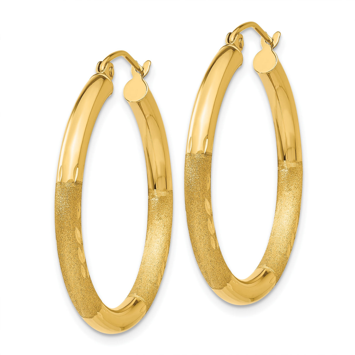 10k Yellow Gold Hoop Earrings, Textured and Polished Medium Round with Satin Diamond Cut Finish