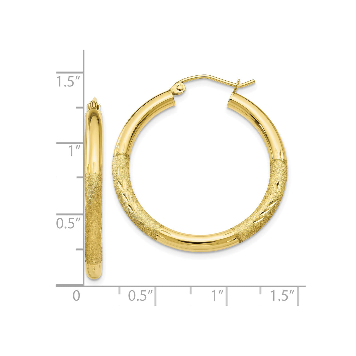 10k Yellow Gold Hoop Earrings, Textured and Polished Medium Round with Satin Diamond Cut Finish
