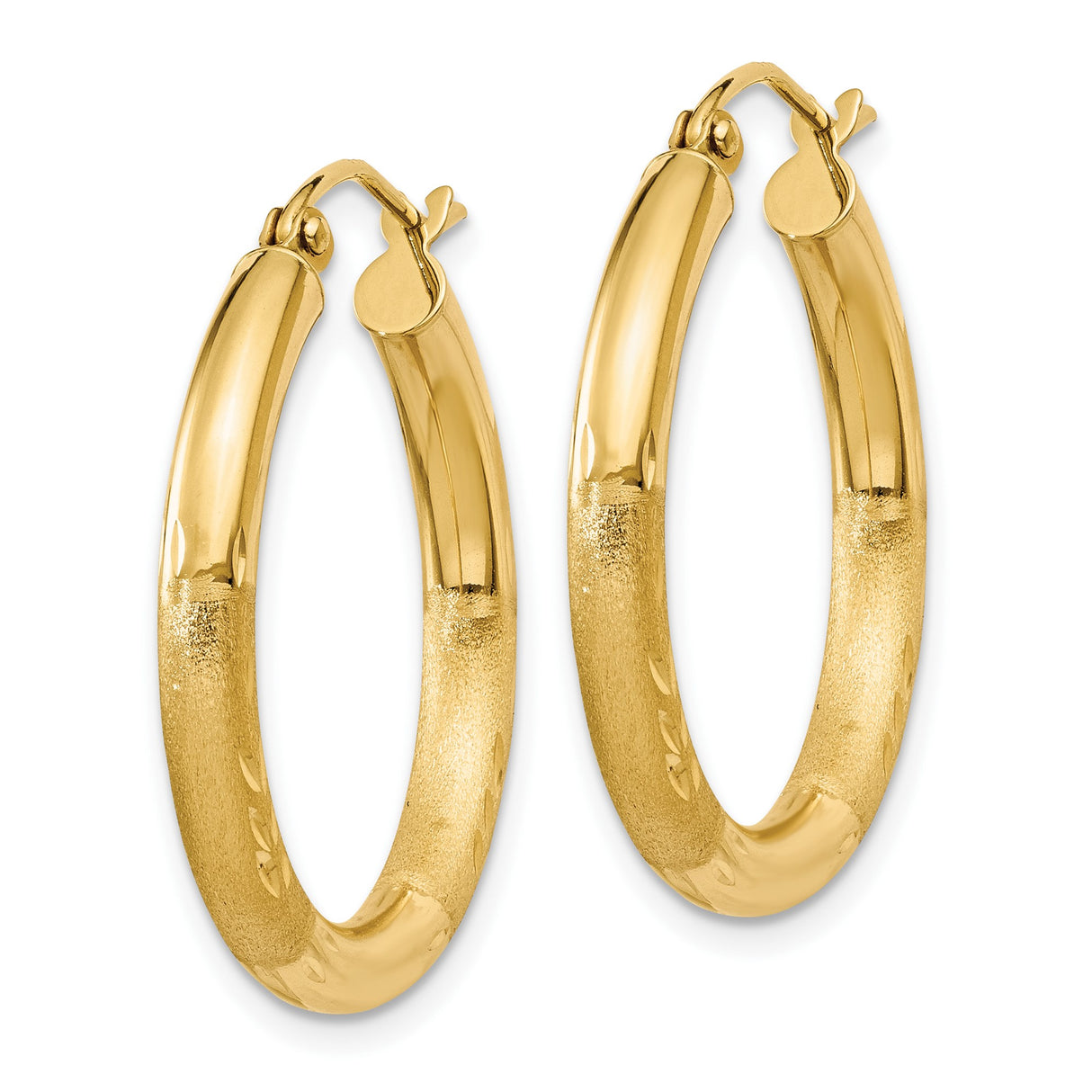 10k Yellow Gold Hoop Earrings, Polished and Textured Diamond Cut Medium Hoops for Women