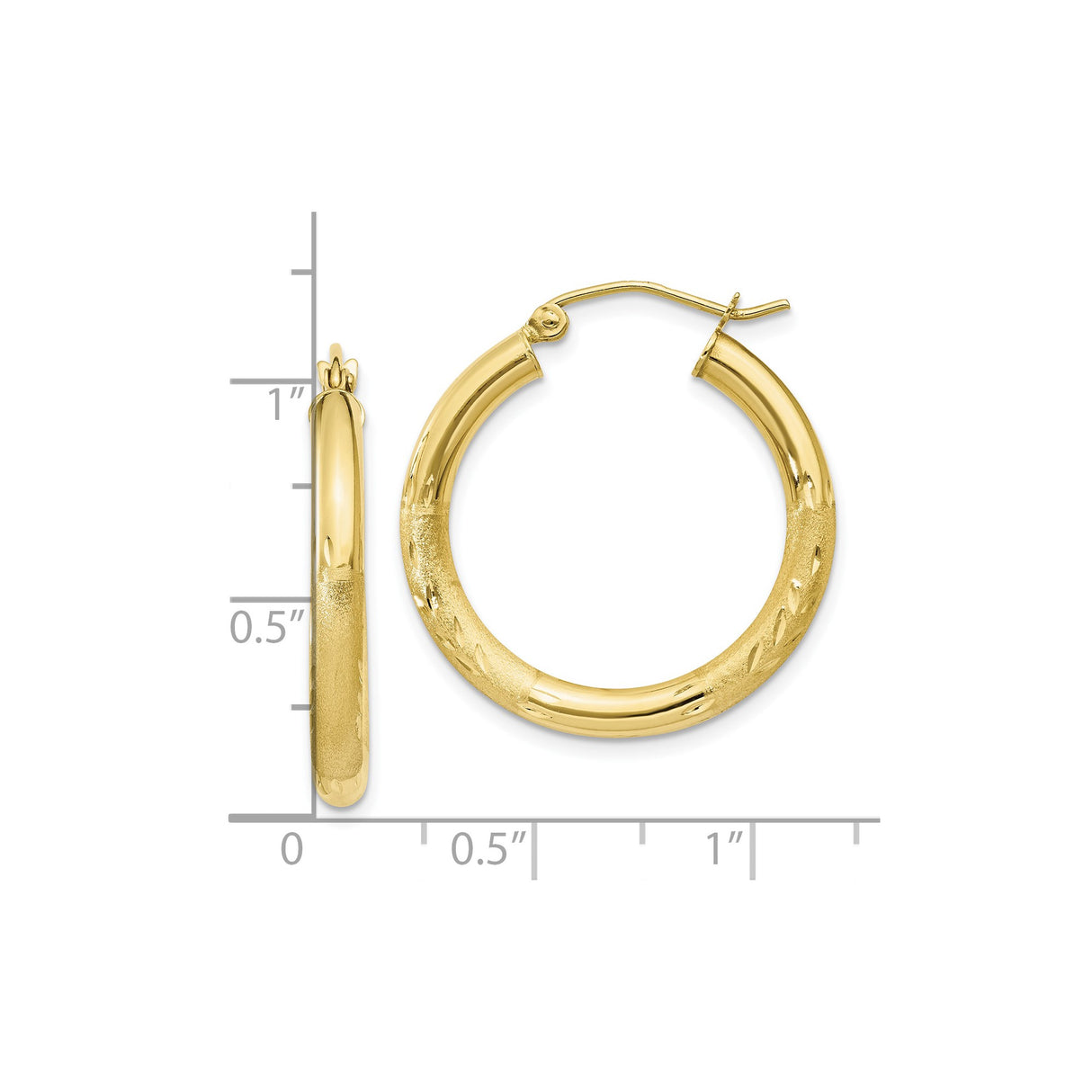 10k Yellow Gold Hoop Earrings, Polished and Textured Diamond Cut Medium Hoops for Women