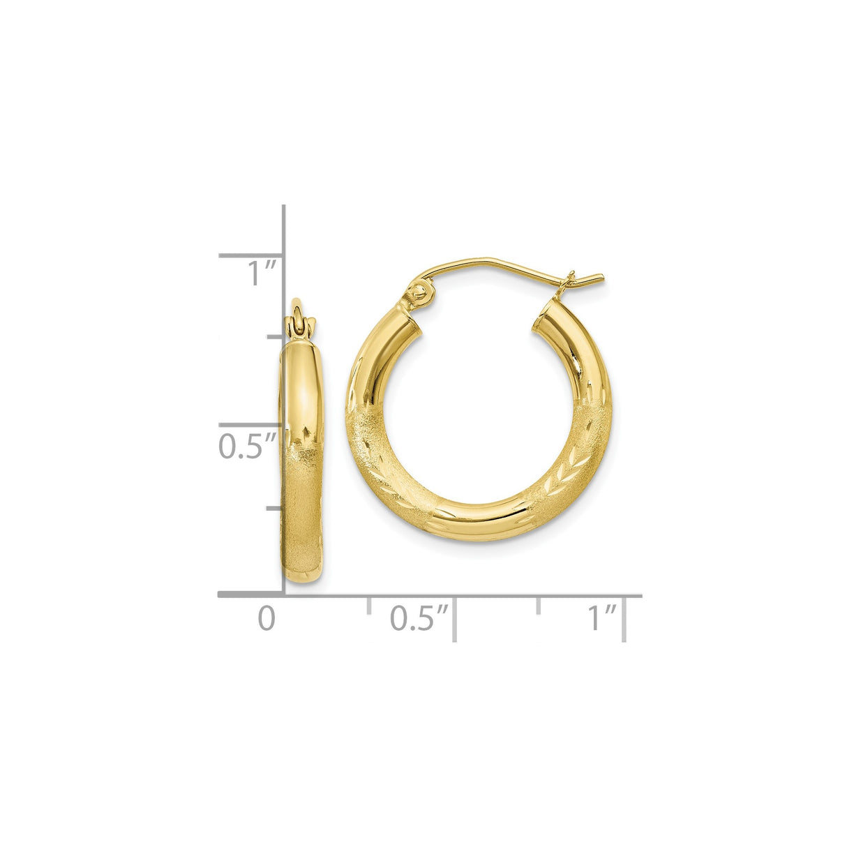 10k Yellow Gold Hoop Earrings with Polished and Textured Leaf Detail, Classic Round Design
