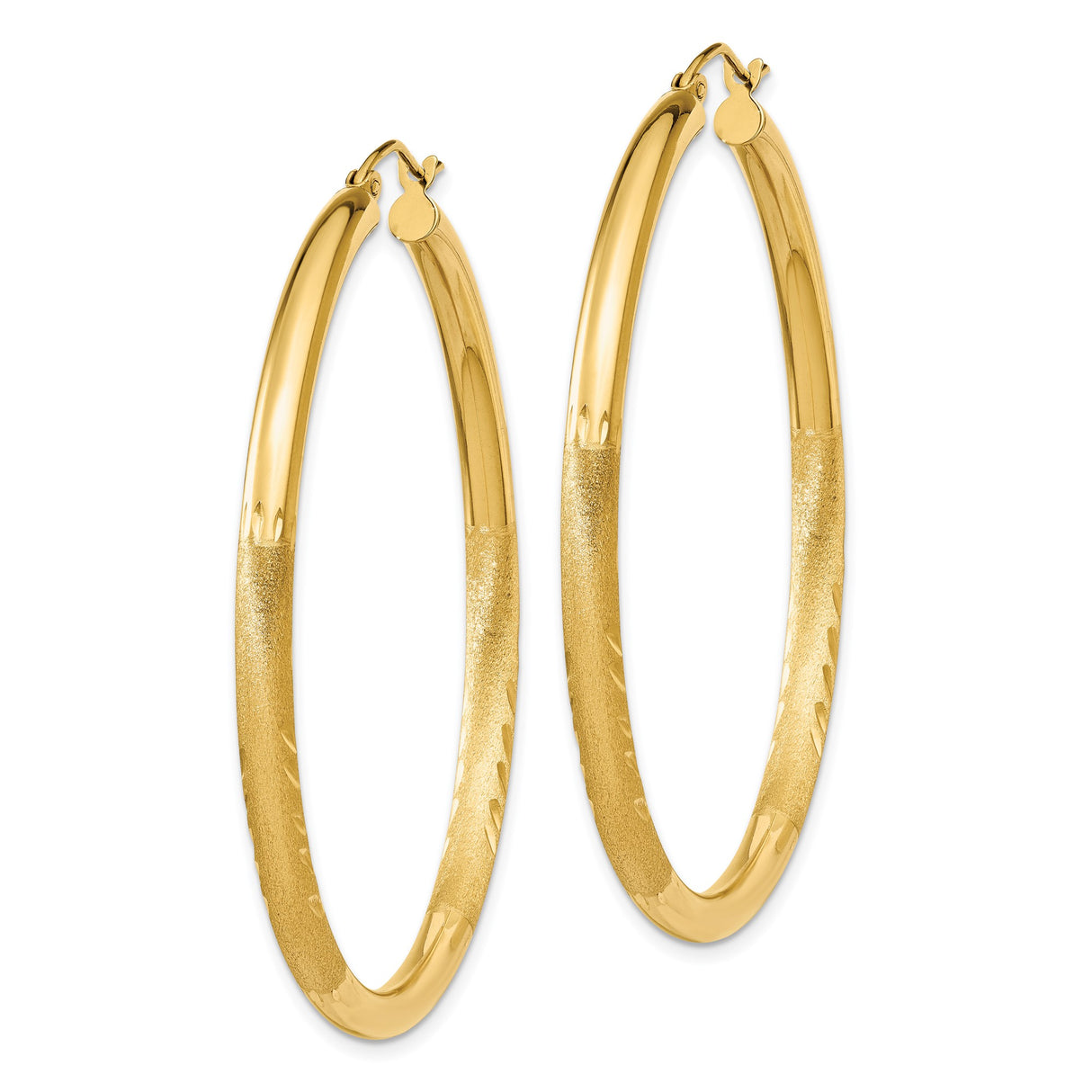 10k Yellow Gold Hoop Earrings with Etched Leaf Design and High Polish Finish