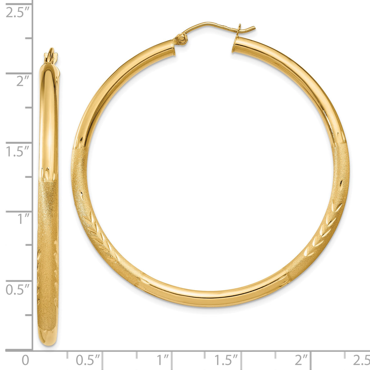 10k Yellow Gold Hoop Earrings with Etched Leaf Design and High Polish Finish