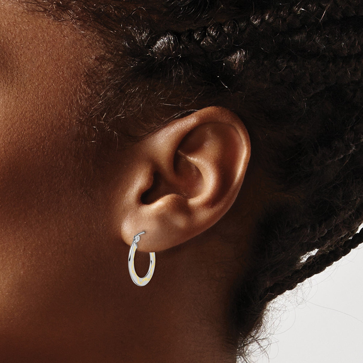 10k White Gold Hoop Earrings with Polished Yellow Gold Leaf Accents, Two-Tone Design