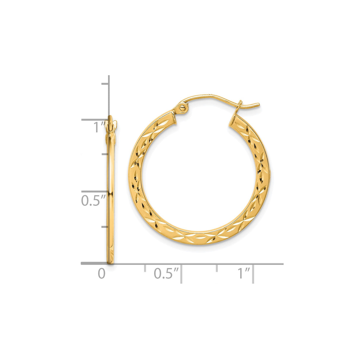 10k Yellow Gold Hoop Earrings with Diamond Cut Leaf Pattern, Polished Finish, Lightweight Design