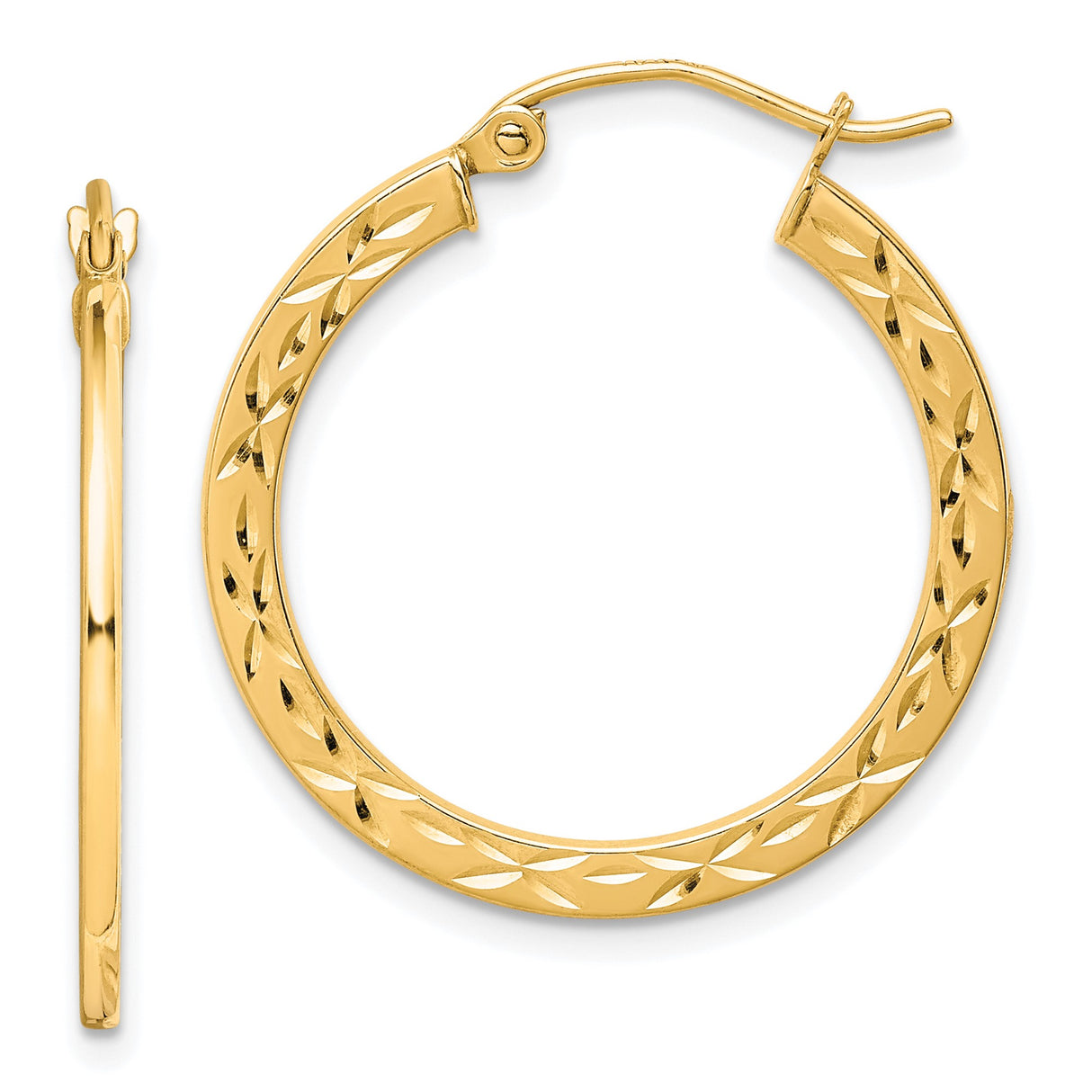 10k Yellow Gold Hoop Earrings with Diamond Cut Leaf Pattern, Polished Finish, Lightweight Design