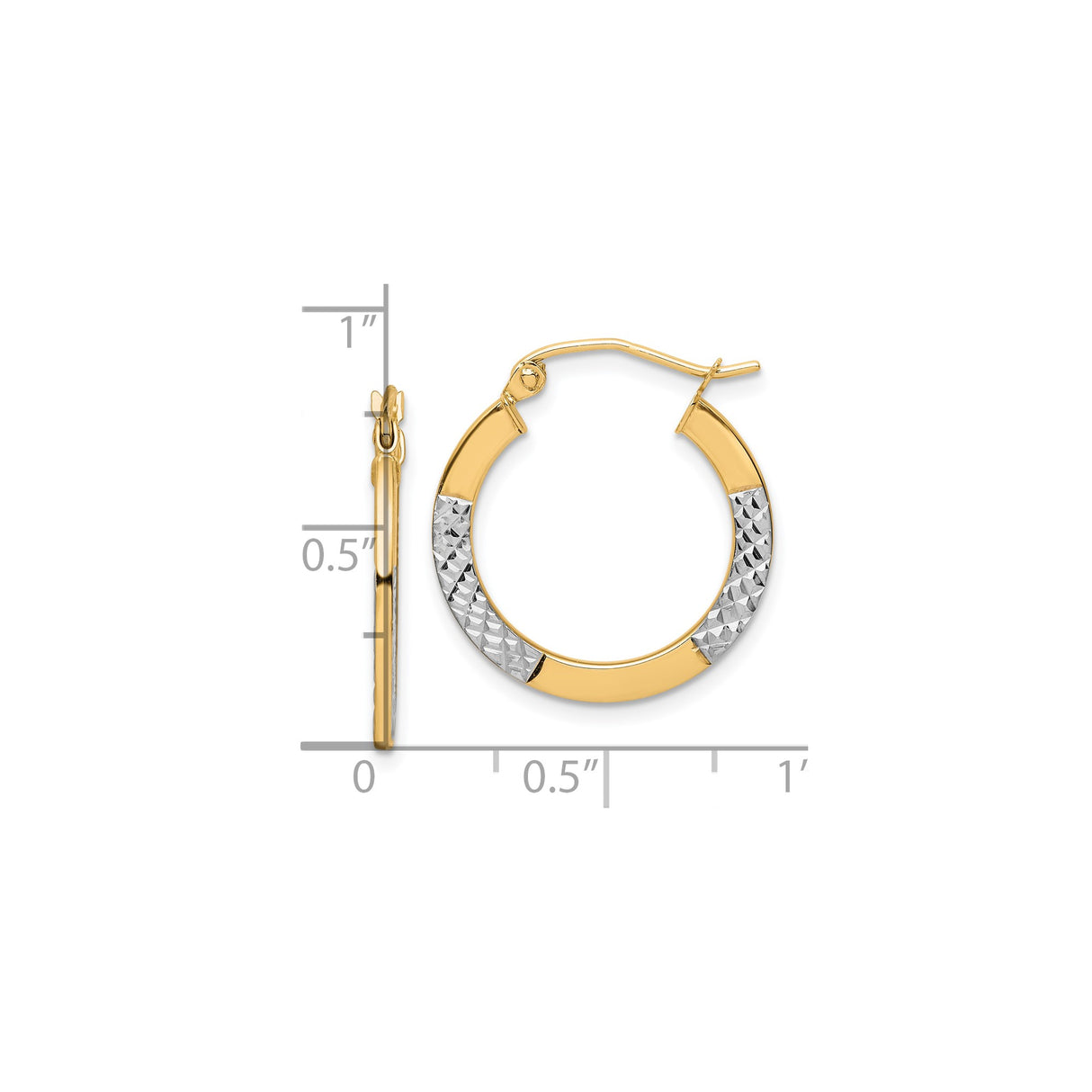 10k Yellow Gold Hoop Earrings, Diamond-Cut Textured Two-Tone Round Design for Women