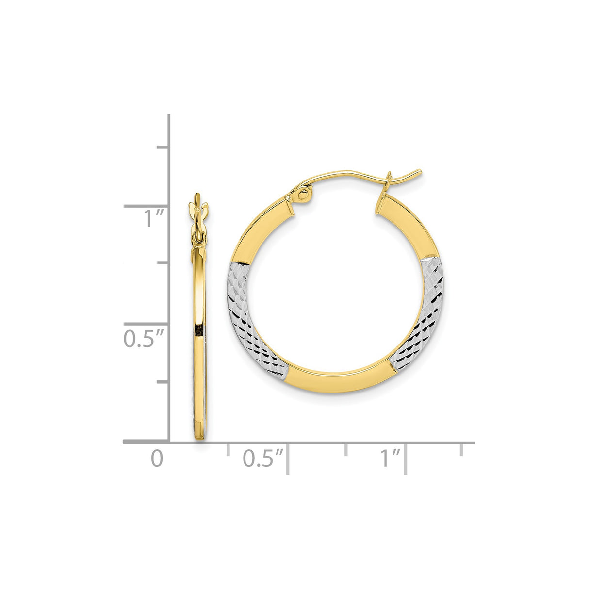 10k Yellow Gold Hoop Earrings, Diamond Cut Two Tone Round Design with Rhodium Finish