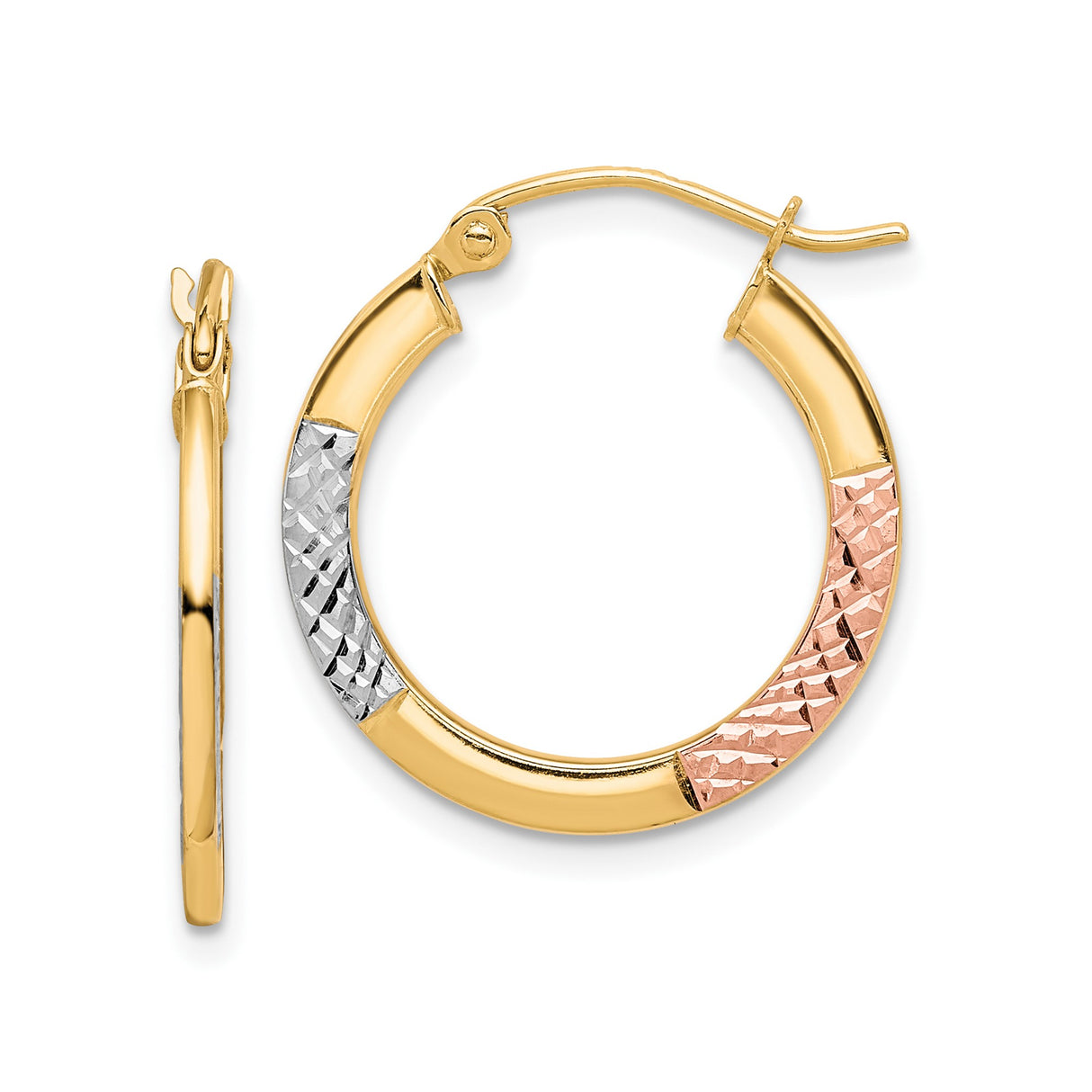 10k Yellow Gold Hoop Earrings, Diamond Cut Tri-Color with Rose Gold and Rhodium Accents
