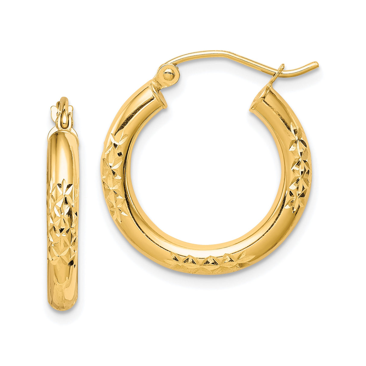 10k Yellow Gold Hoop Earrings with Diamond Cut Floral Pattern, Lightweight Round Design