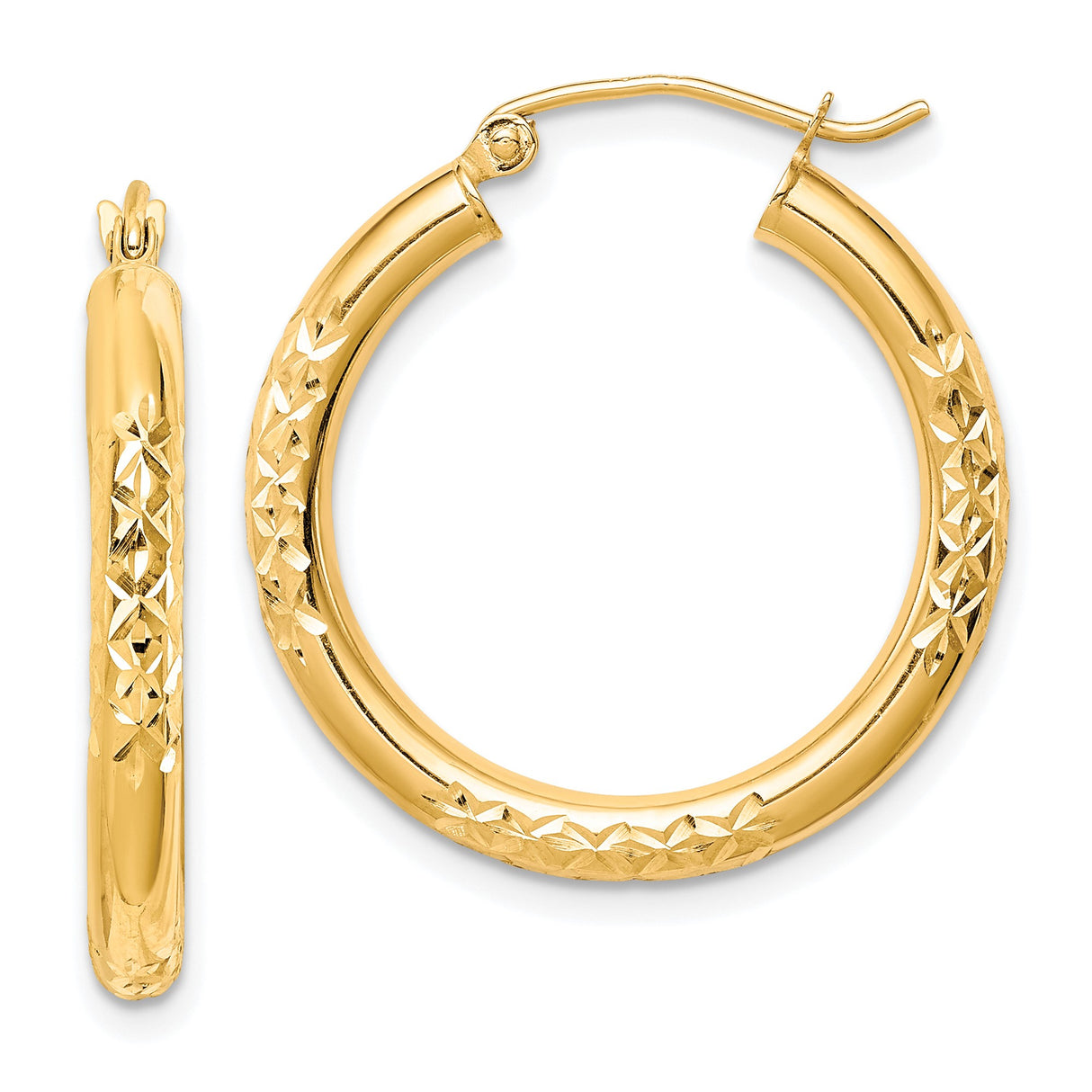 10k Yellow Gold Hoop Earrings, Diamond Cut with Floral Etched Pattern, Lightweight and Polished