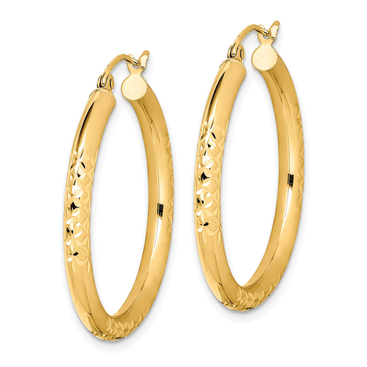 10k Yellow Gold Hoop Earrings, Diamond Cut Round Design with Textured Finish