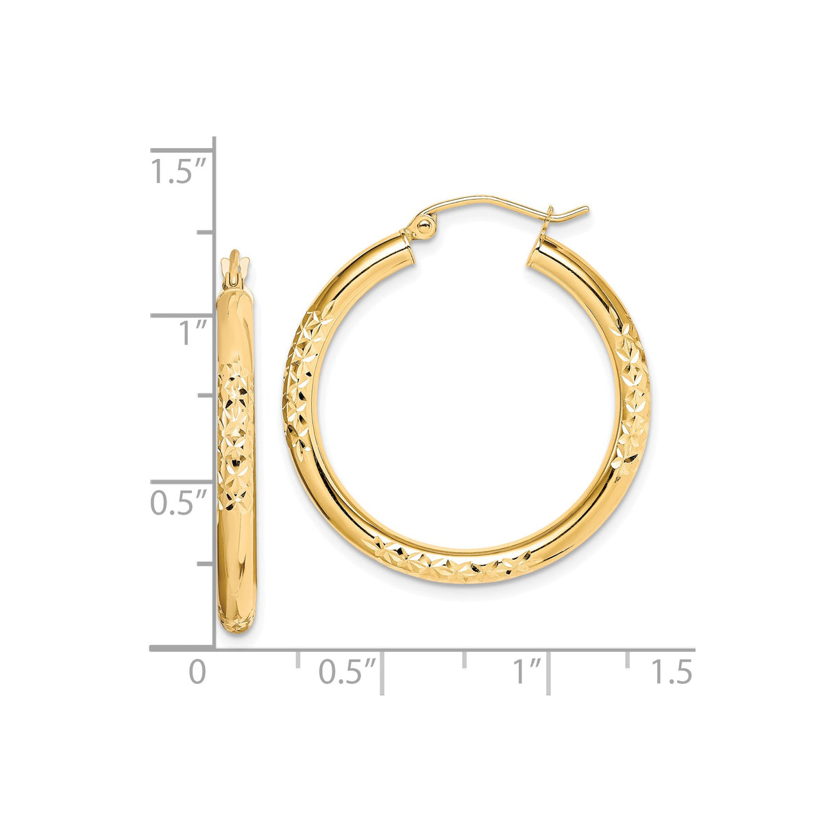 10k Yellow Gold Hoop Earrings, Diamond Cut Round Design with Textured Finish