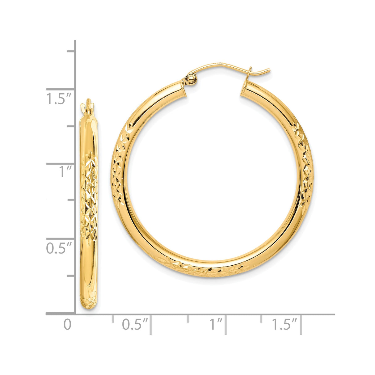 10k Yellow Gold Hoop Earrings, Lightweight Round Diamond Cut Textured Design for Women