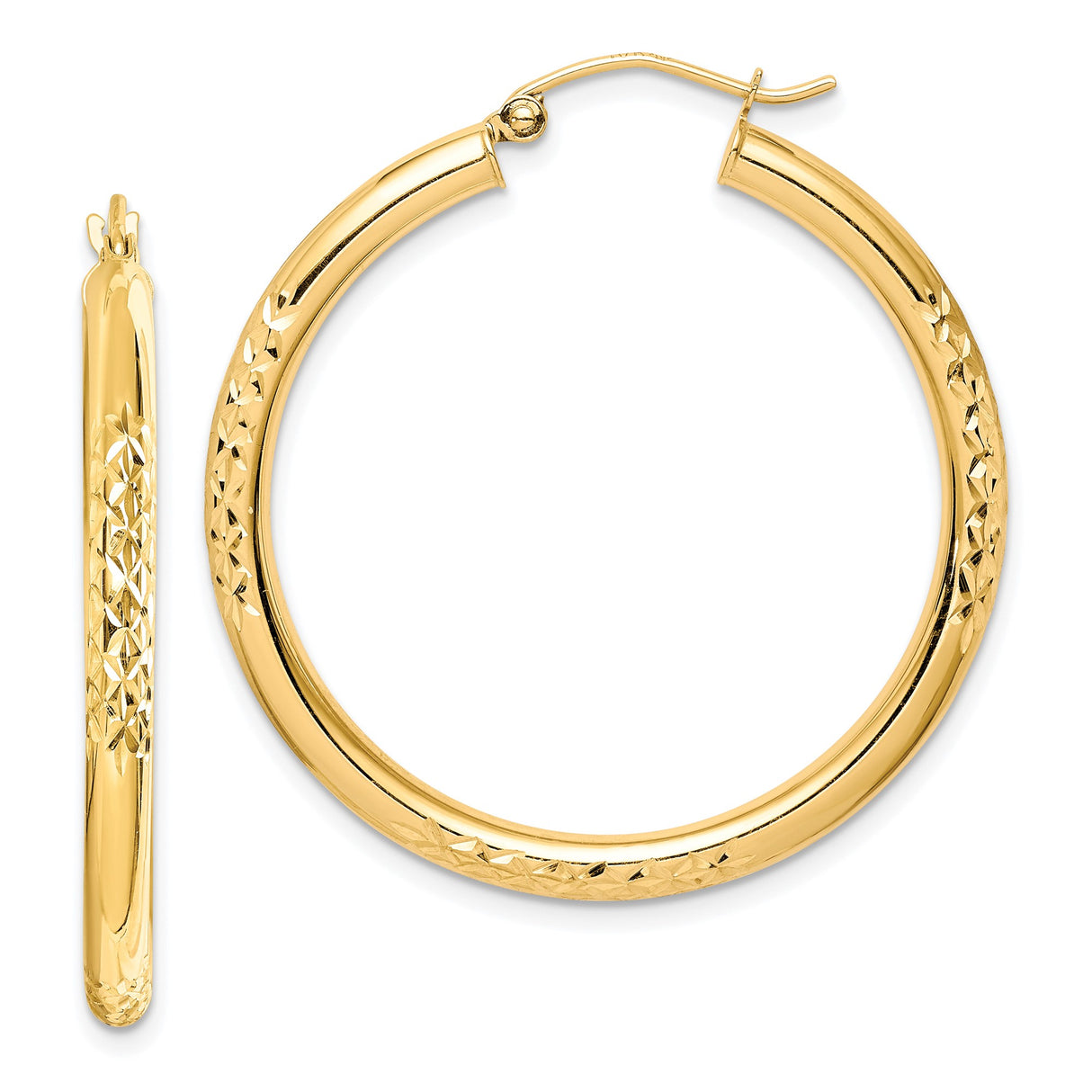 10k Yellow Gold Hoop Earrings, Lightweight Round Diamond Cut Textured Design for Women
