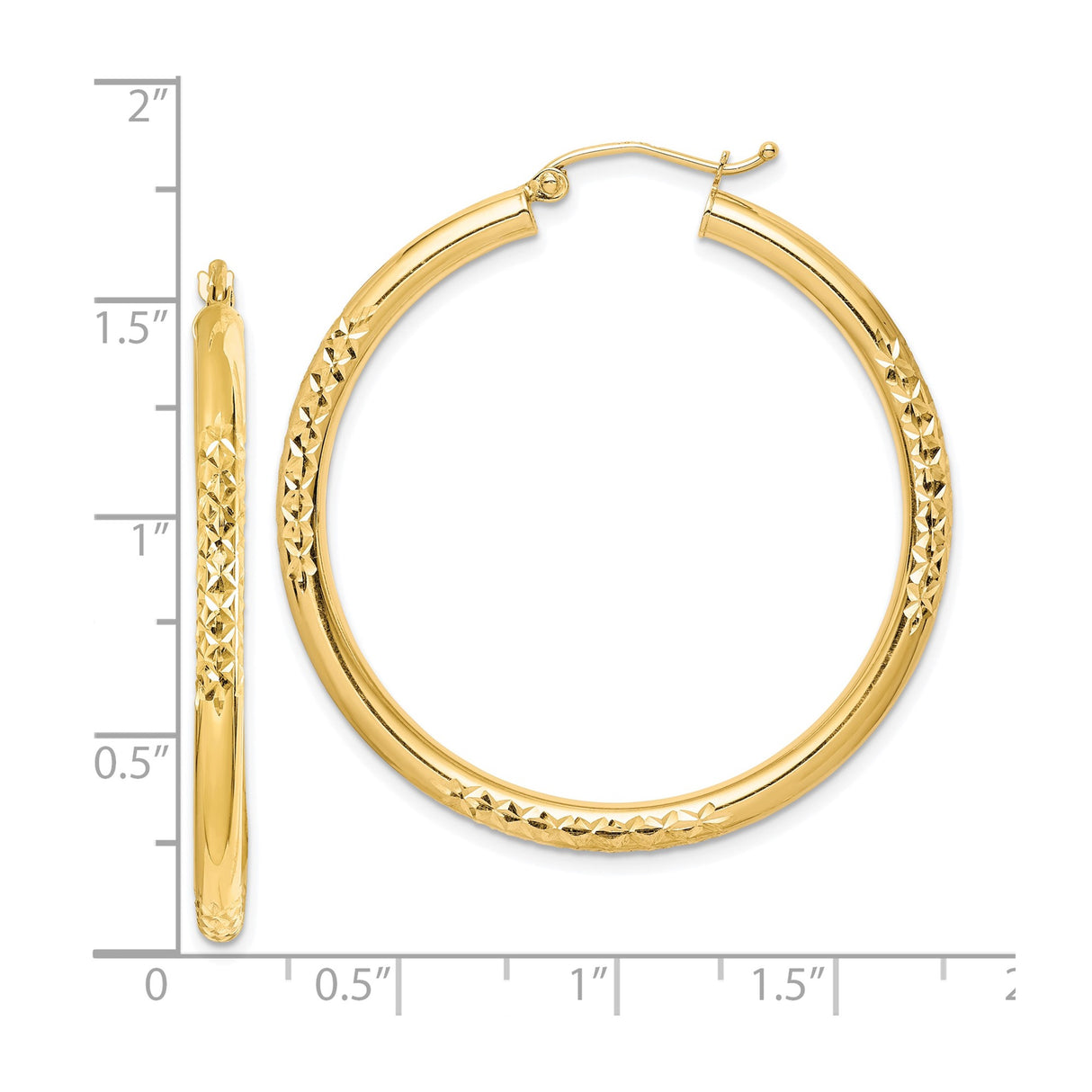 10k Yellow Gold Hoop Earrings, Classic Round with Diamond Cut Detailing for Women