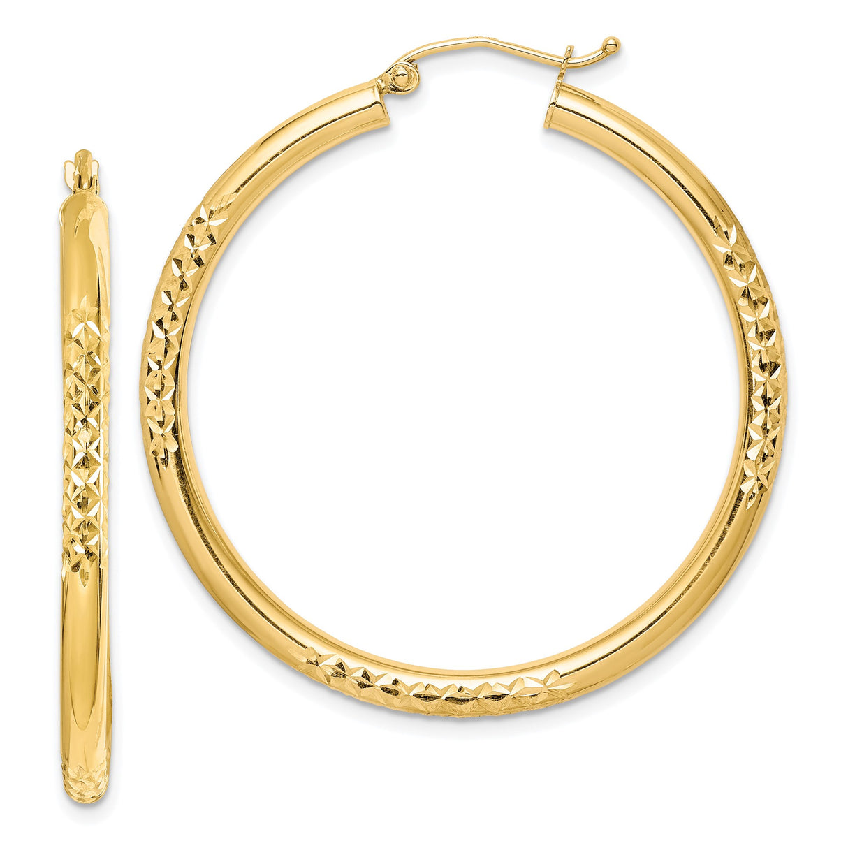 10k Yellow Gold Hoop Earrings, Classic Round with Diamond Cut Detailing for Women