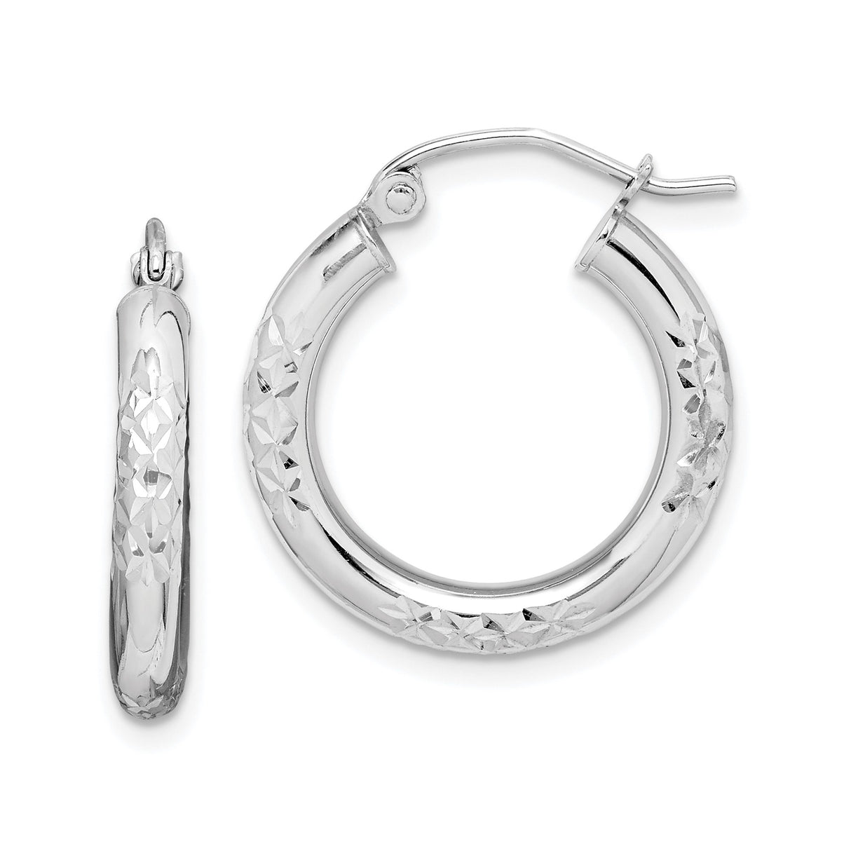 10k White Gold Hoop Earrings, Diamond Cut Floral Pattern, Lightweight Polished Finish