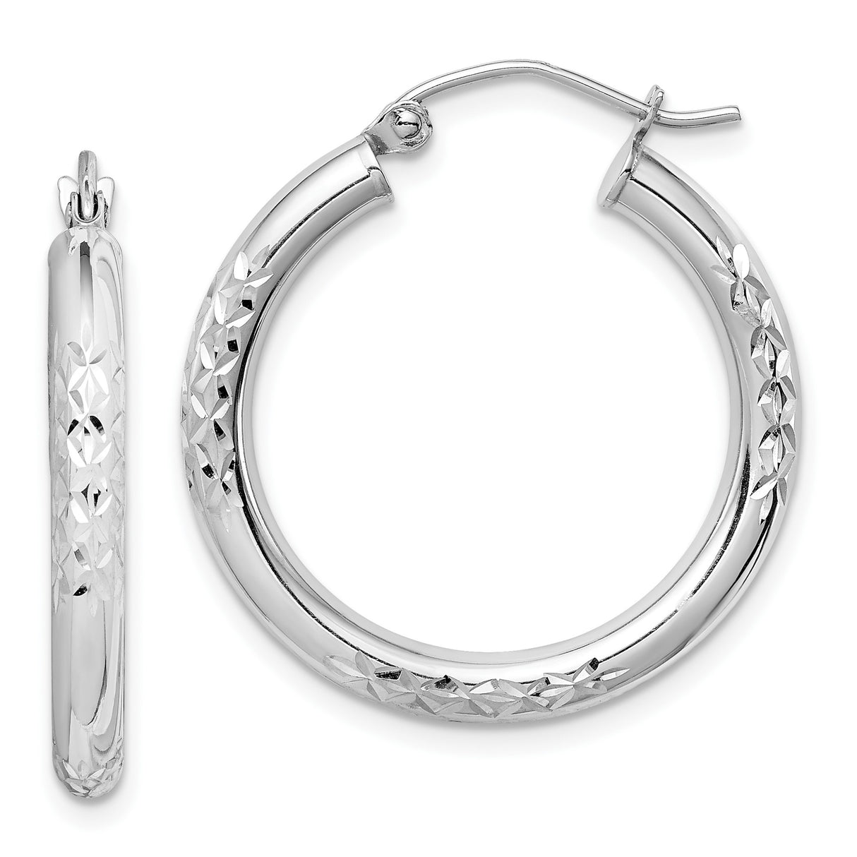 10k White Gold Hoop Earrings with Diamond Cut Textured Design and Latch Back Closure