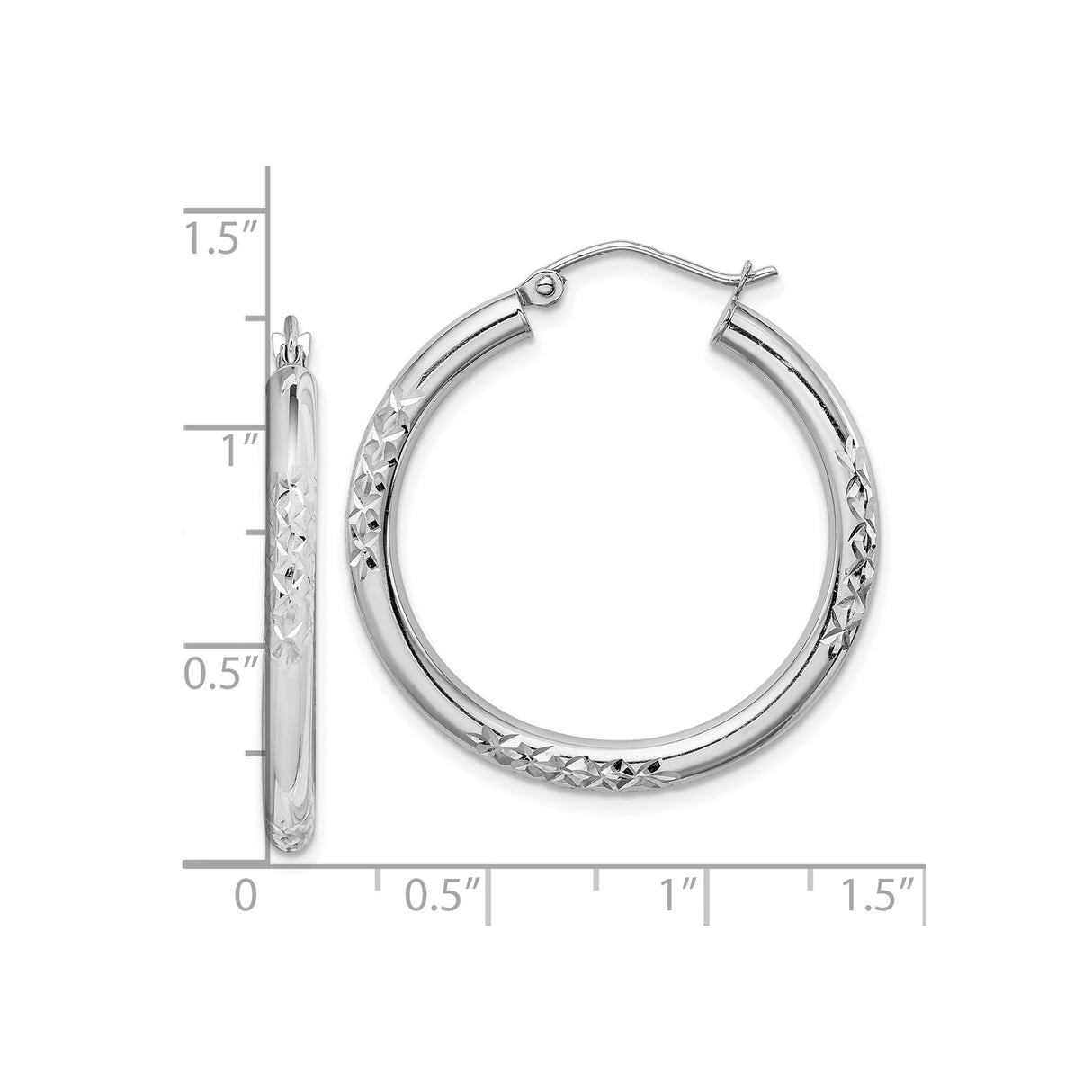 10k White Gold Hoop Earrings with Polished Finish and Diamond Cut Detailing