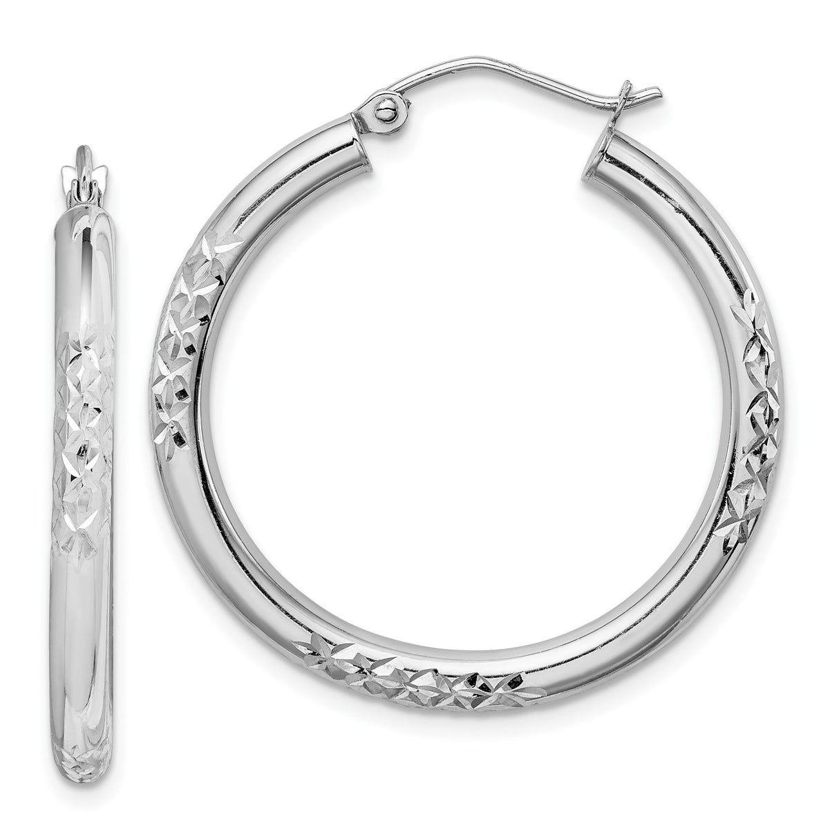 10k White Gold Hoop Earrings with Polished Finish and Diamond Cut Detailing