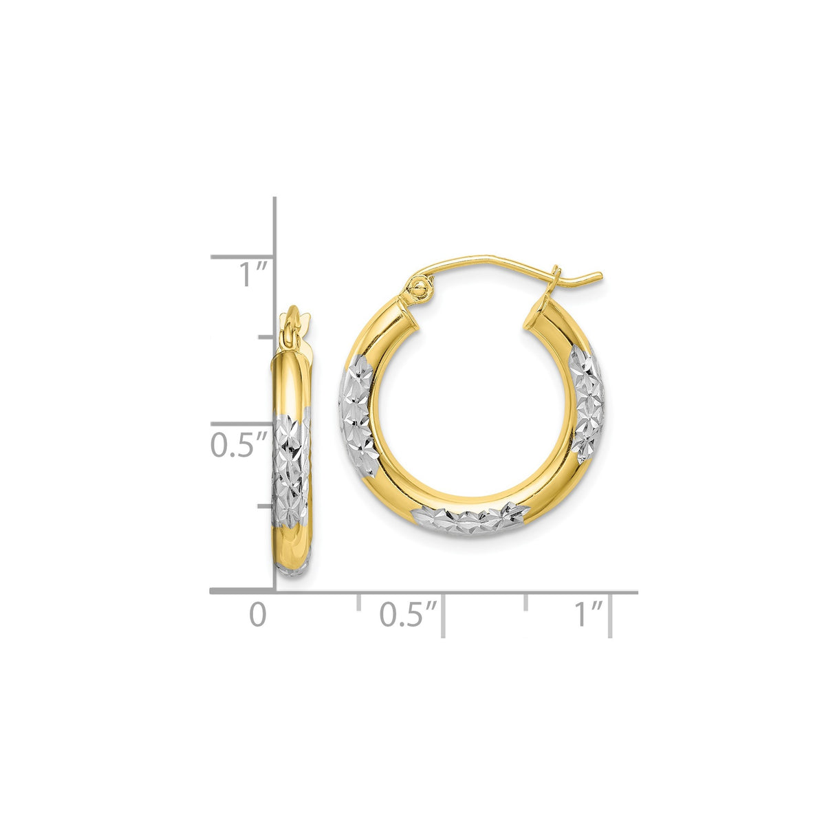 10k Yellow Gold Hoop Earrings, Diamond Cut Textured Two Tone Round Design for Women