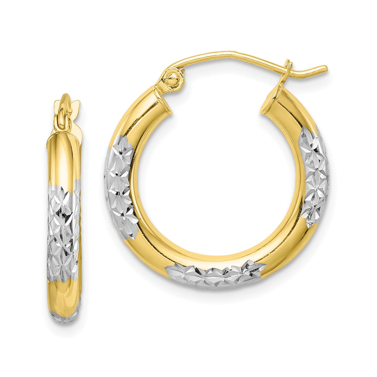 10k Yellow Gold Hoop Earrings, Diamond Cut Textured Two Tone Round Design for Women