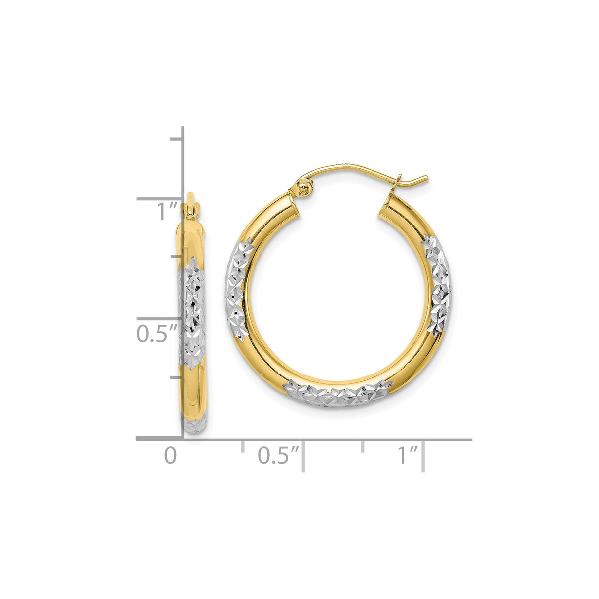 10k Yellow Gold Hoop Earrings with Rhodium Plating, Diamond Cut Floral Two-Tone Design