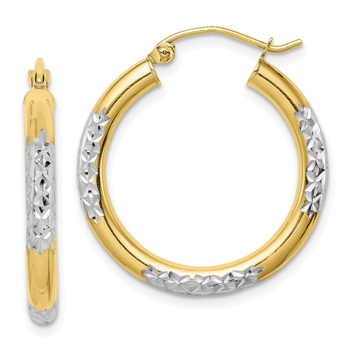 10k Yellow Gold Hoop Earrings with Rhodium Plating, Diamond Cut Floral Two-Tone Design