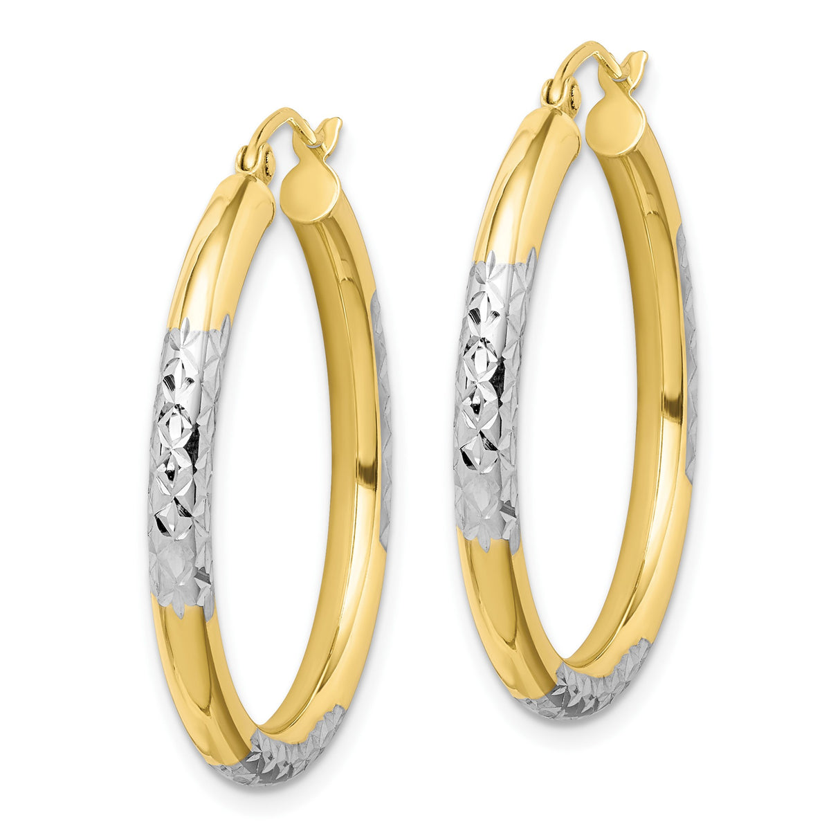 10k Yellow Gold Hoop Earrings, Diamond Cut Textured Two-Tone Round Hoops for Women