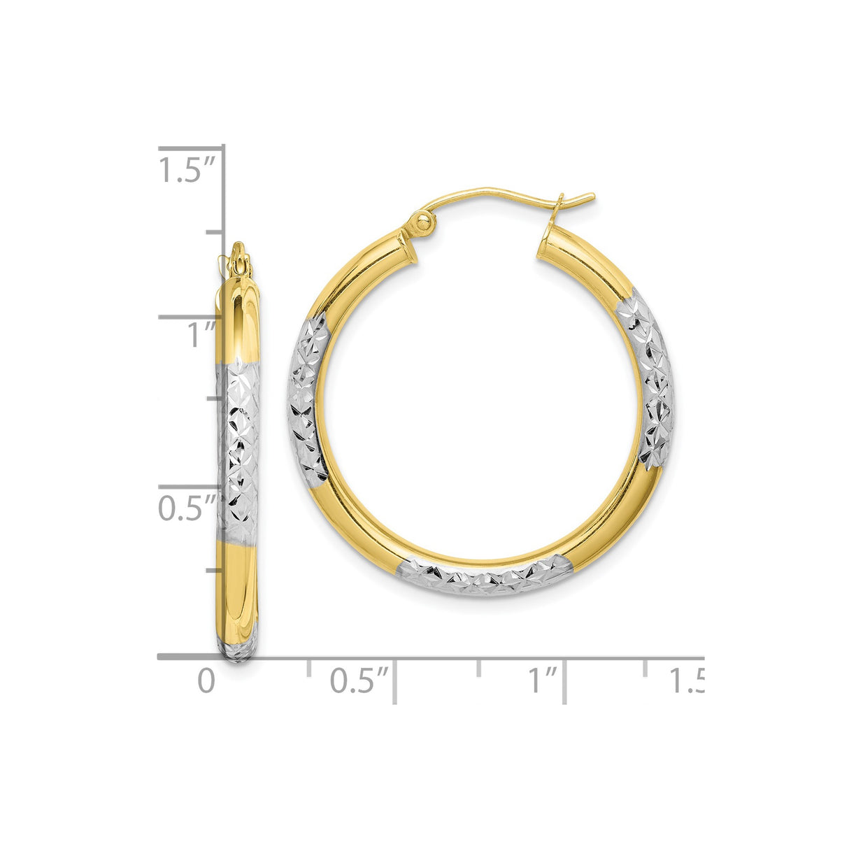 10k Yellow Gold Hoop Earrings, Diamond Cut Textured Two-Tone Round Hoops for Women