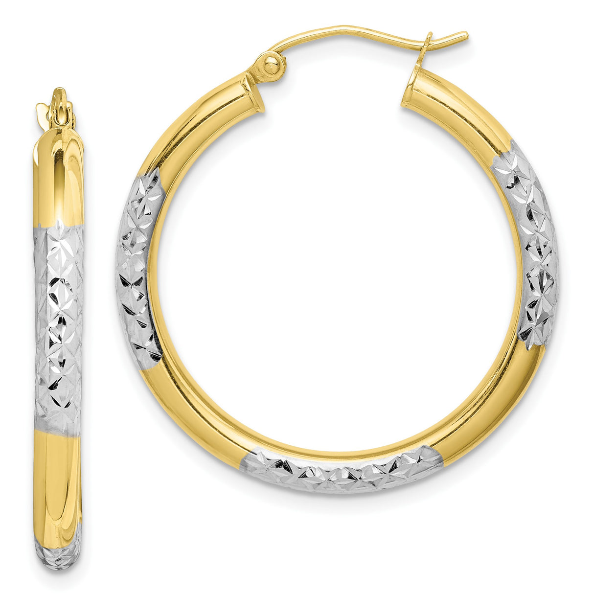 10k Yellow Gold Hoop Earrings, Diamond Cut Textured Two-Tone Round Hoops for Women
