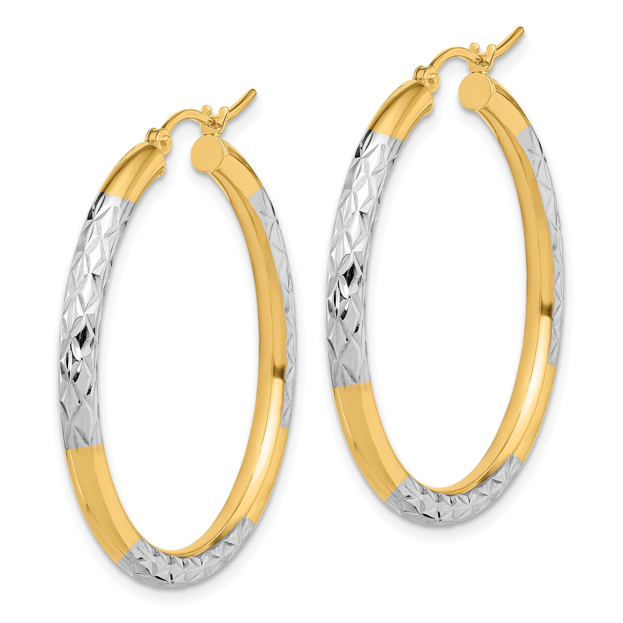 10k Yellow Gold Hoop Earrings with Diamond Cut Textured Finish, Two Tone Rhodium Plating