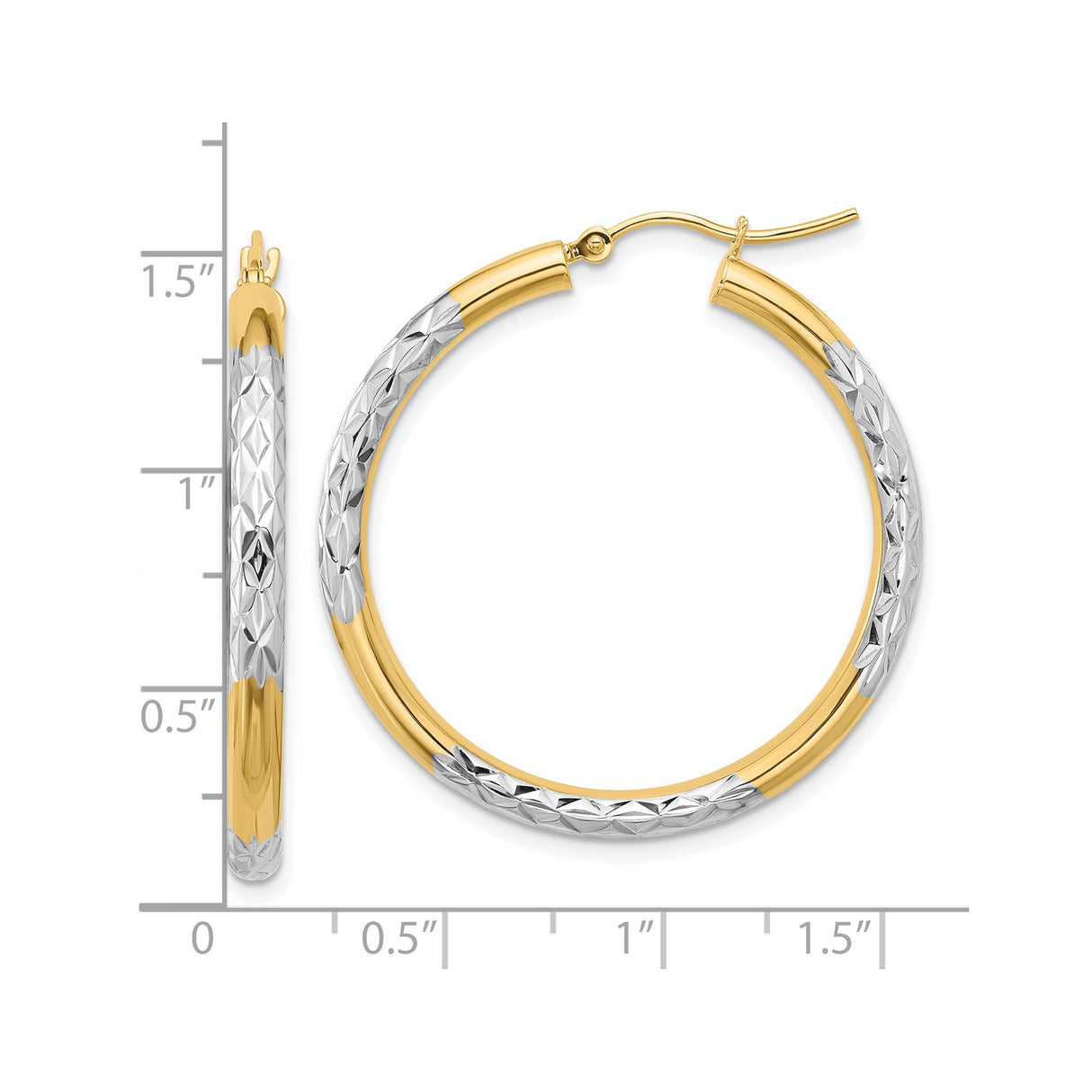 10k Yellow Gold Hoop Earrings with Diamond Cut Textured Finish, Two Tone Rhodium Plating