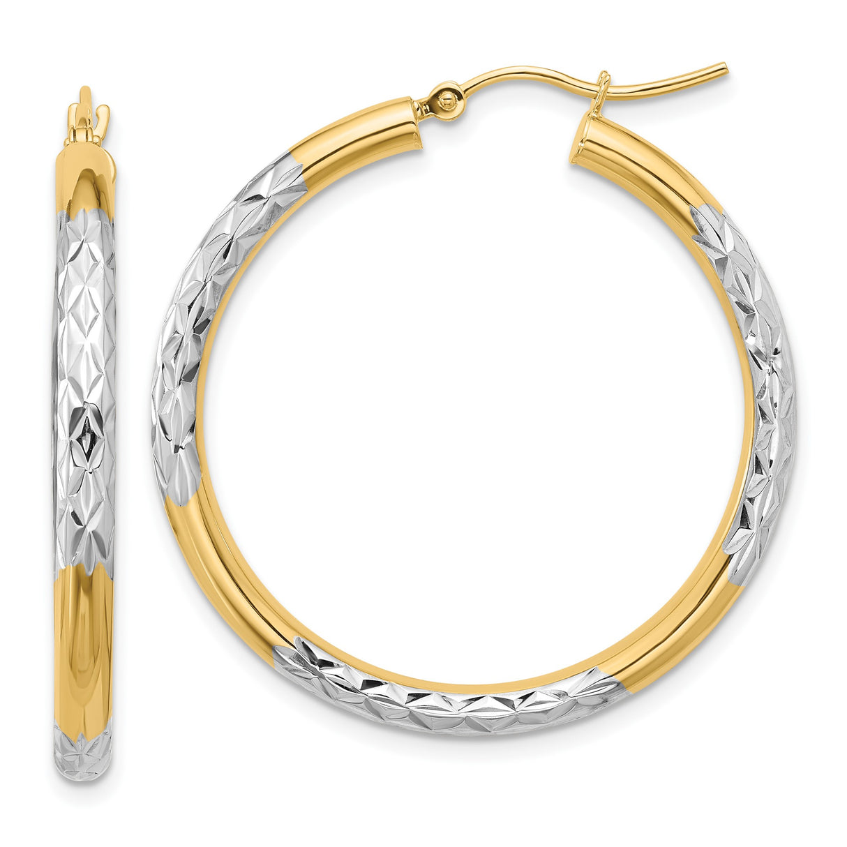 10k Yellow Gold Hoop Earrings with Diamond Cut Textured Finish, Two Tone Rhodium Plating