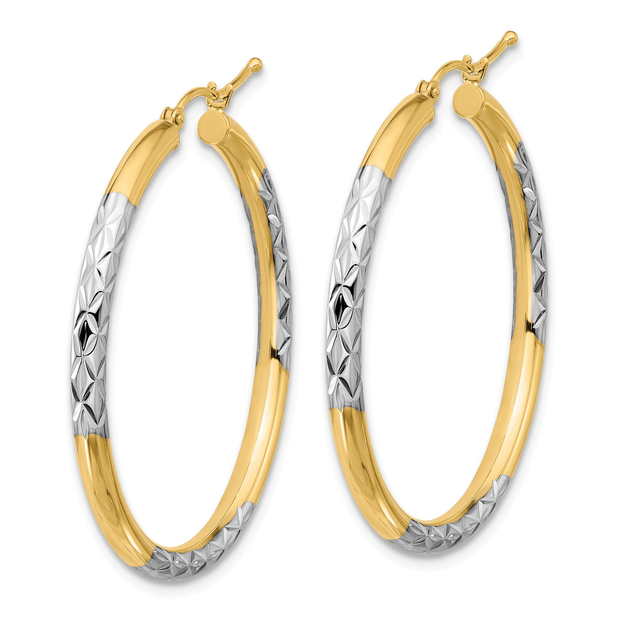 10k Yellow Gold Hoop Earrings, Rhodium Two-Tone Diamond Cut with Geometric Pattern