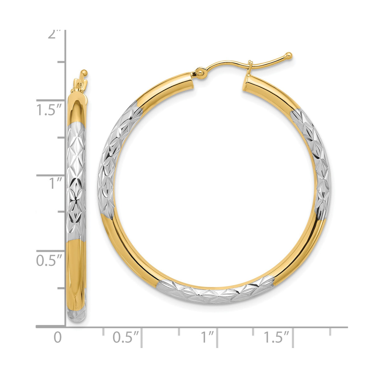 10k Yellow Gold Hoop Earrings, Rhodium Two-Tone Diamond Cut with Geometric Pattern