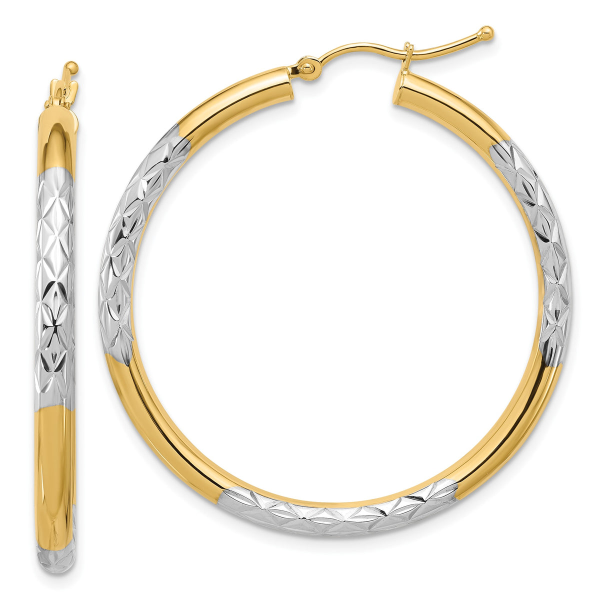 10k Yellow Gold Hoop Earrings, Rhodium Two-Tone Diamond Cut with Geometric Pattern
