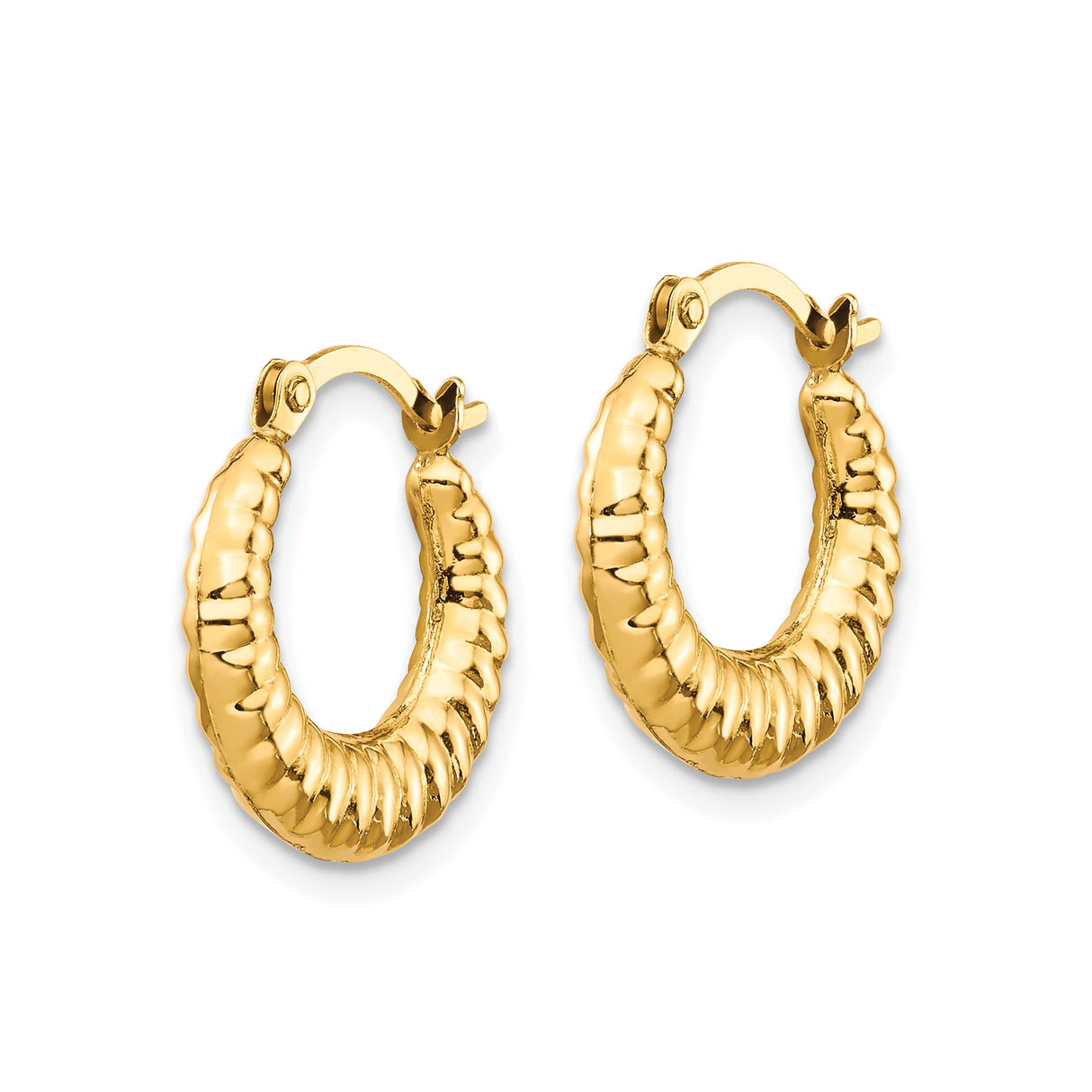 10k Yellow Gold Hoop Earrings, Textured Ribbed Round Lightweight Hollow Design