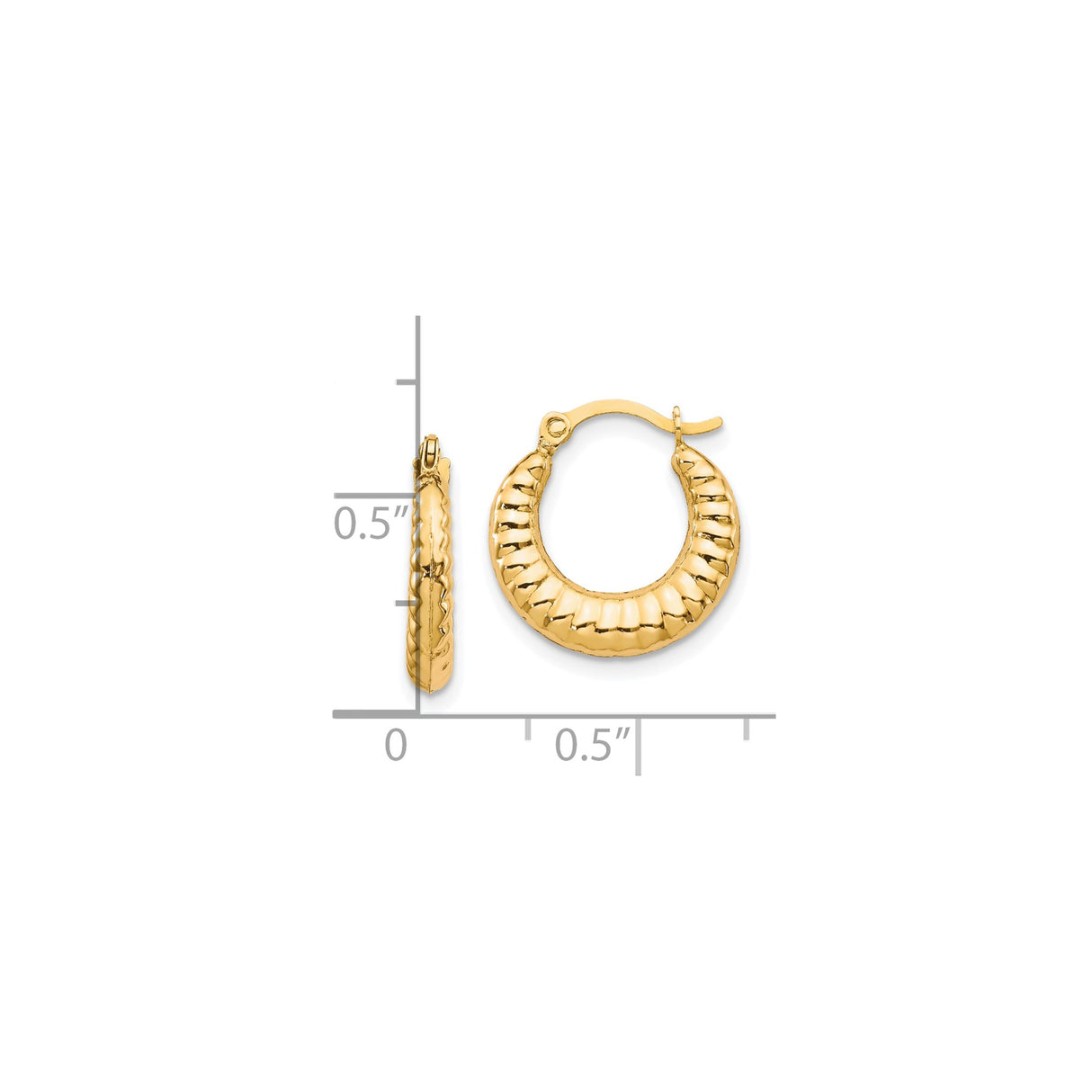 10k Yellow Gold Hoop Earrings, Textured Ribbed Round Lightweight Hollow Design