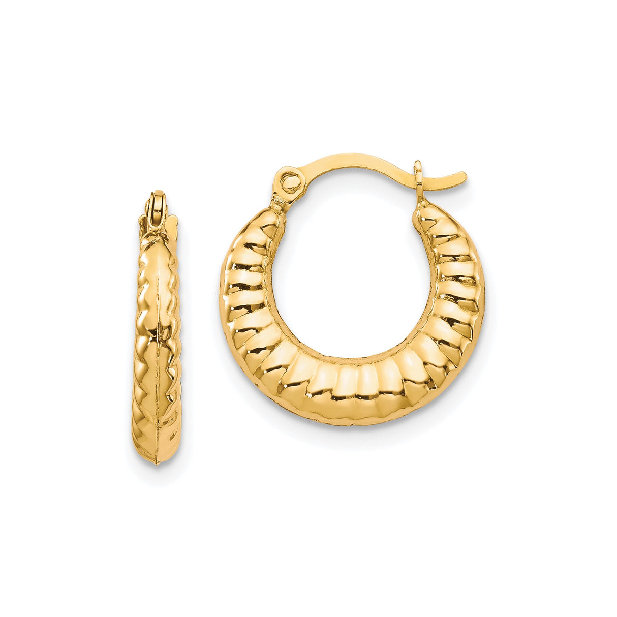 10k Yellow Gold Hoop Earrings, Textured Ribbed Round Lightweight Hollow Design