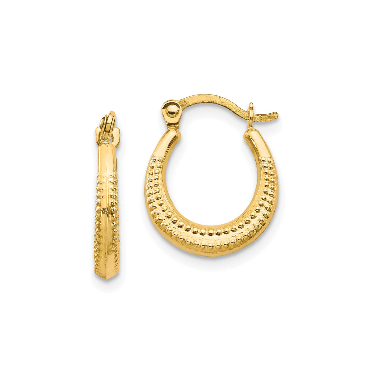 10k Yellow Gold Teardrop Hoop Earrings, Textured Beaded Design, Latch-Back Closure, Lightweight Vintage Style