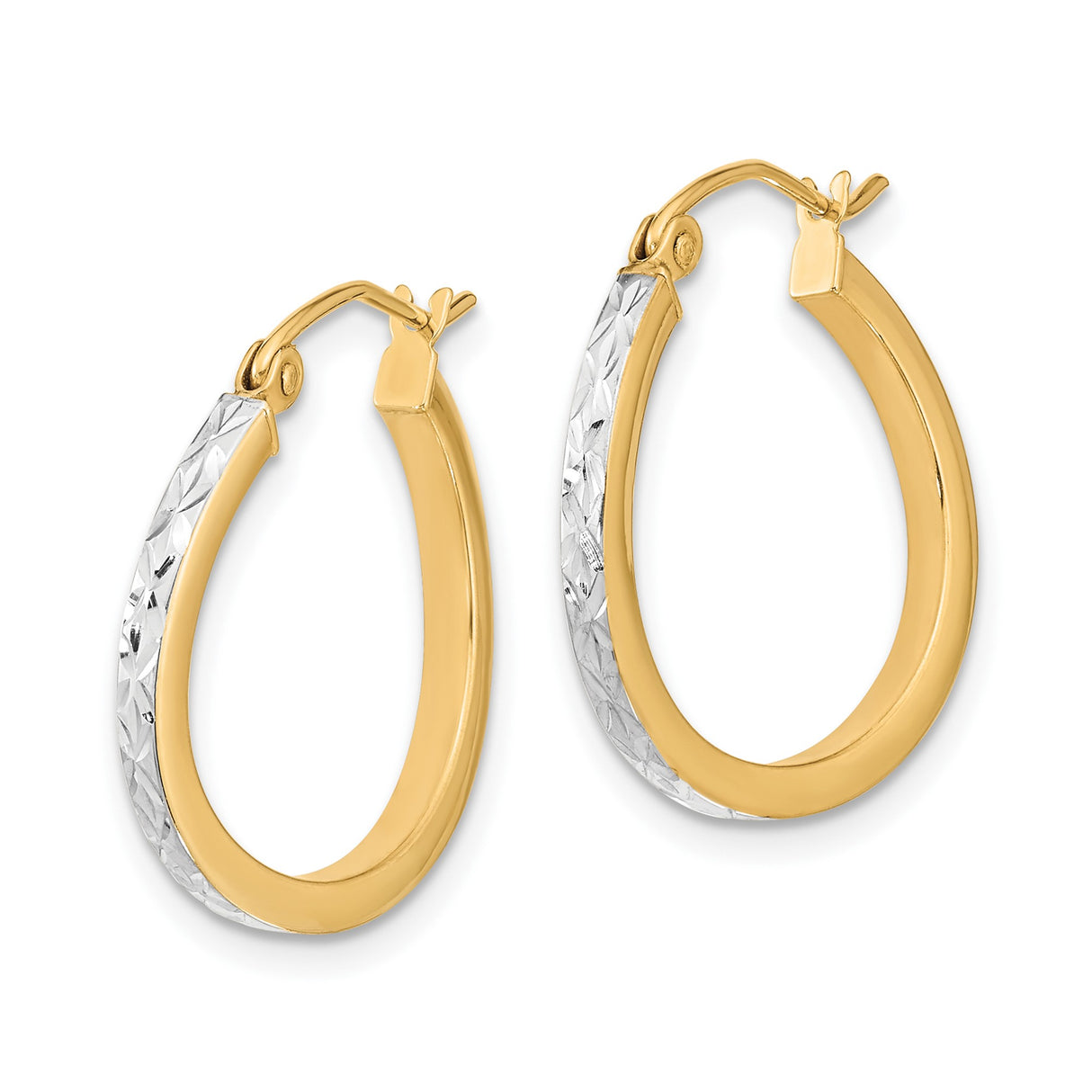 10k Yellow Gold Twist Hoop Earrings, Diamond Cut Two-Tone Rhodium Design for Women