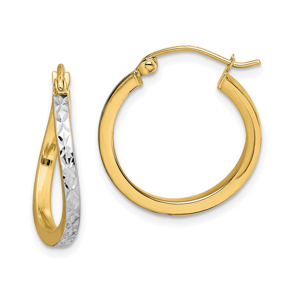 10k Yellow Gold Twist Hoop Earrings, Diamond Cut Two-Tone Rhodium Design for Women