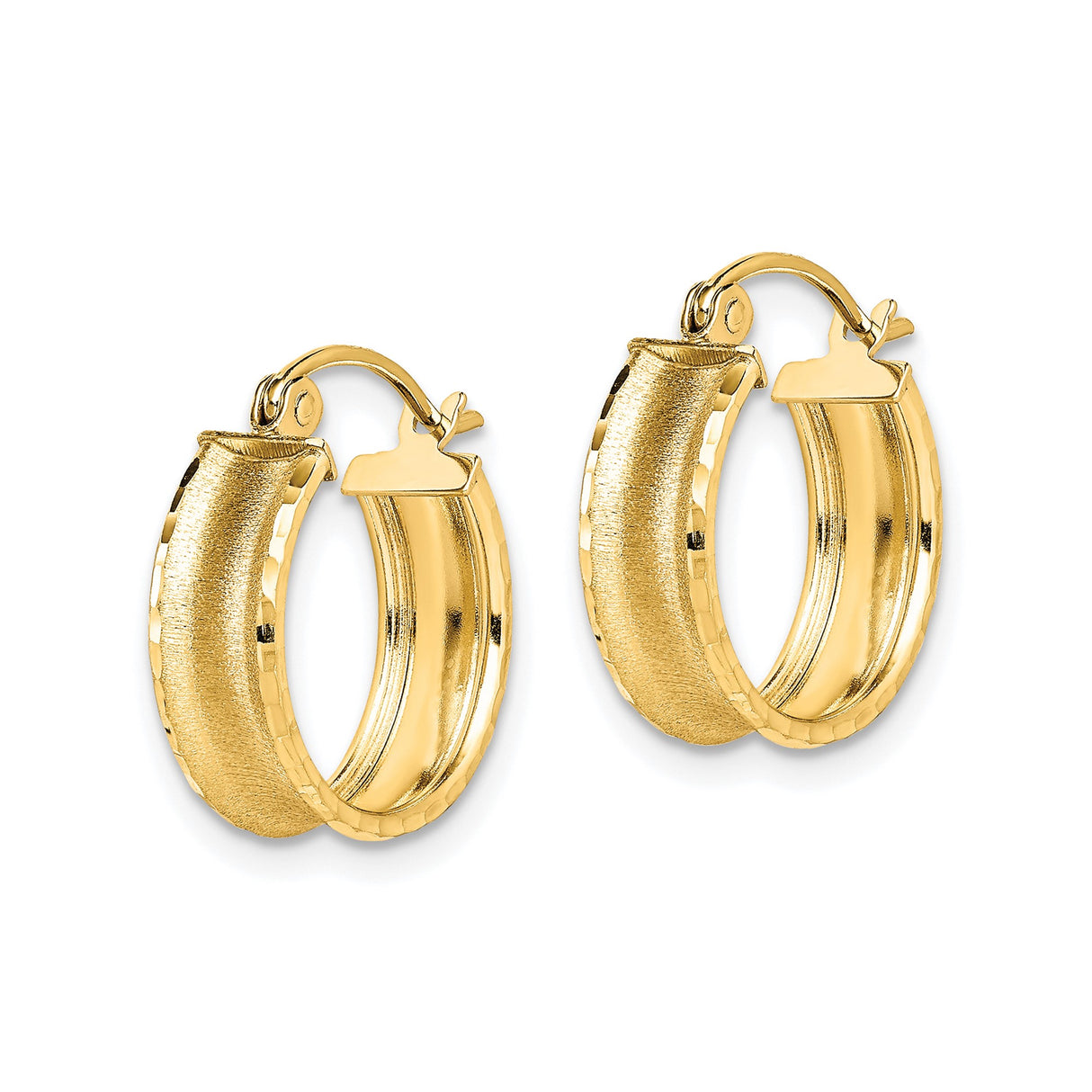 10k Yellow Gold Hoop Earrings, Textured Satin Finish with Polished Edges, Lightweight Round Design
