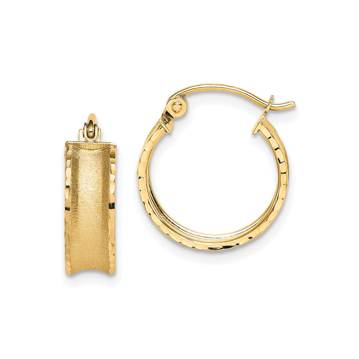 10k Yellow Gold Hoop Earrings, Textured Satin Finish with Polished Edges, Lightweight Round Design