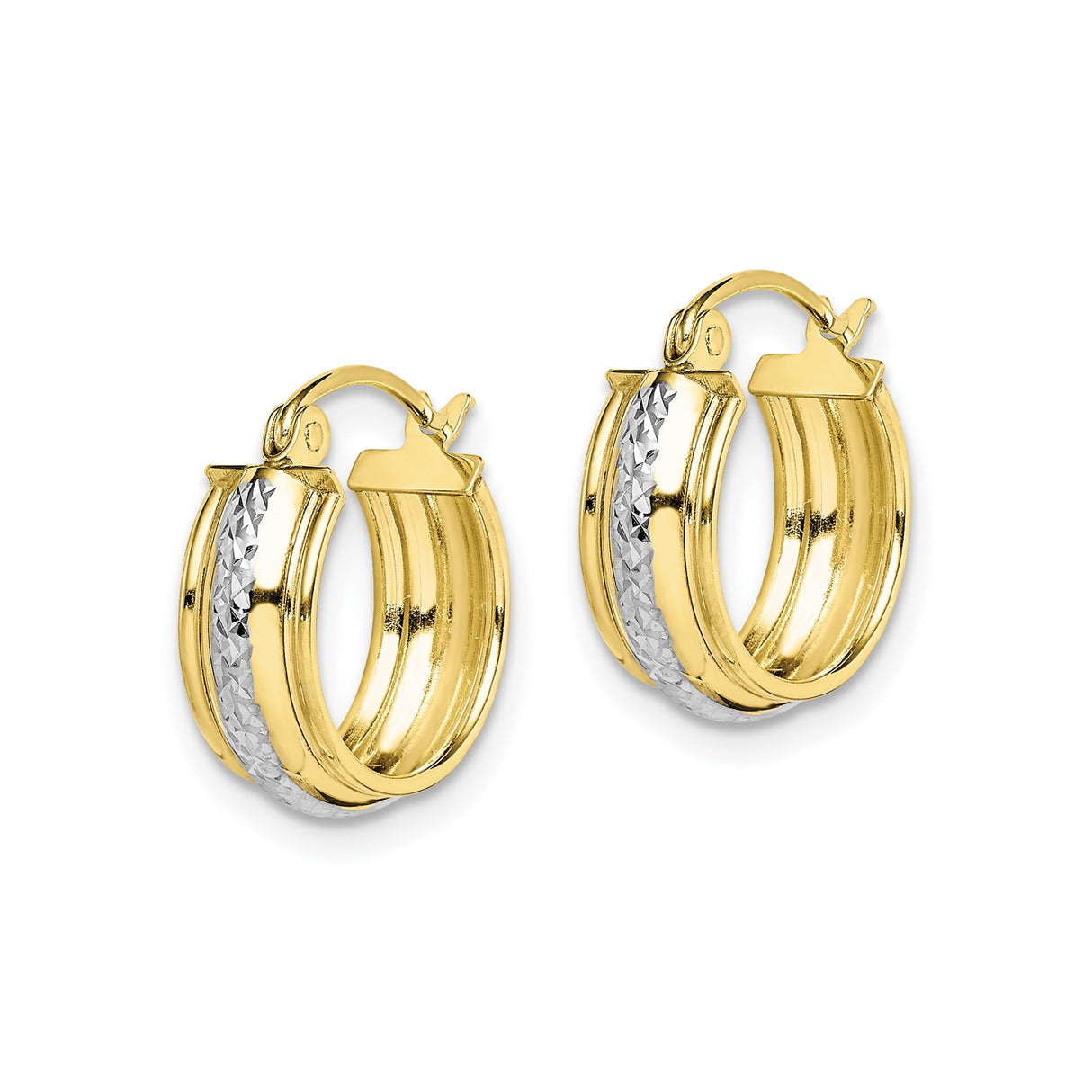 10k Yellow Gold Hoop Earrings with Rhodium Diamond-Cut Center, Two-Tone Textured Design